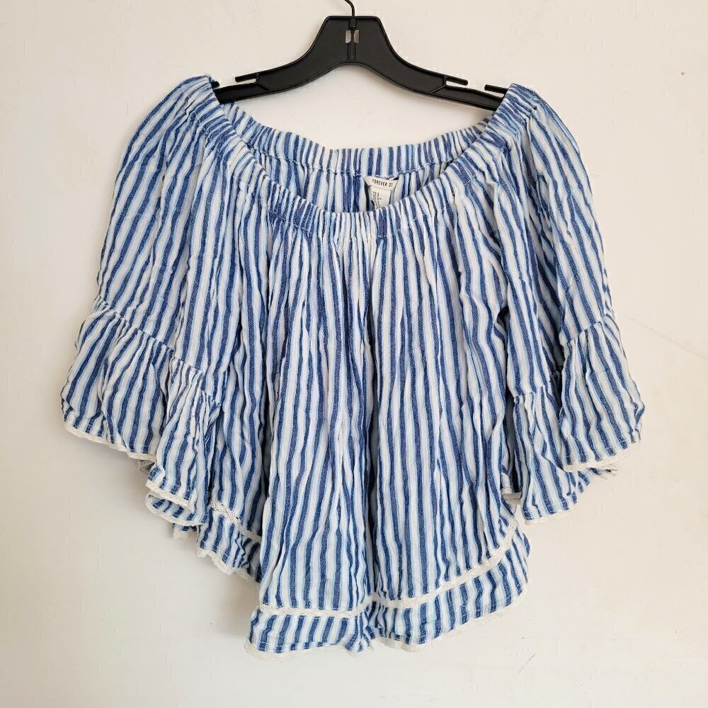 NEW Forever 21 Woven Off The Shoulder Blue Cream Striped Lace Trim Top Sz Small